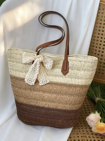 Sac Cabas en Paille Tissé à la Main pour Femmes Grande Capacité Sac de Plage de Vacances Avec Nœud en Dentelle Dégradé Sac à Épaule