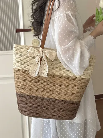 Sac Cabas en Paille Tissé à la Main pour Femmes Grande Capacité Sac de Plage de Vacances Avec Nœud en Dentelle Dégradé Sac à Épaule