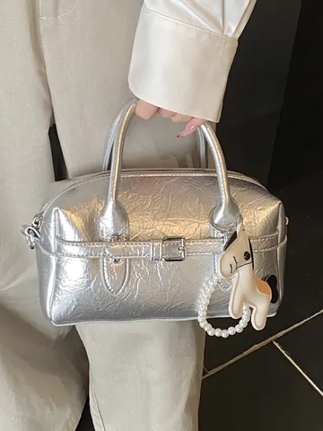 Elegant PU Leather Boston Pillow Bag For Women Trendy Crinkled Handheld Shoulder Crossbody Bag High-End Versatile Ladylike Purse