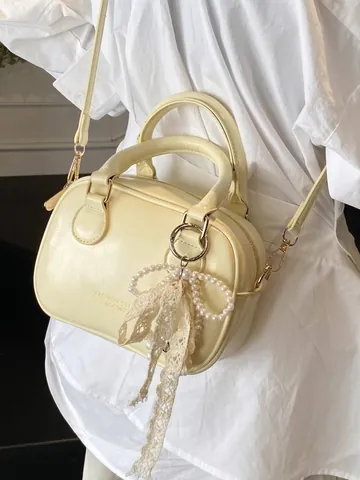 Women PU Leather Top Handle Handbag Small Boston Pillow Crossbody Bag With Lace Pearl Bow Charm Daily Office Work Purse