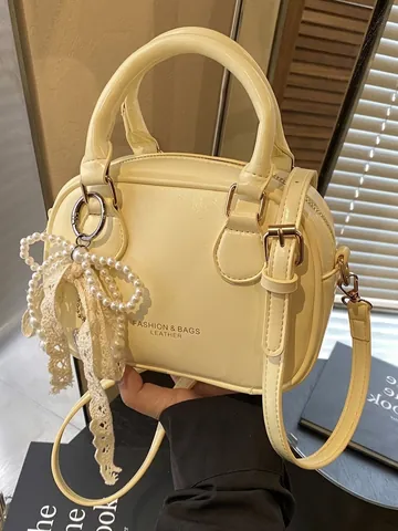 Women PU Leather Top Handle Handbag Small Boston Pillow Crossbody Bag With Lace Pearl Bow Charm Daily Office Work Purse