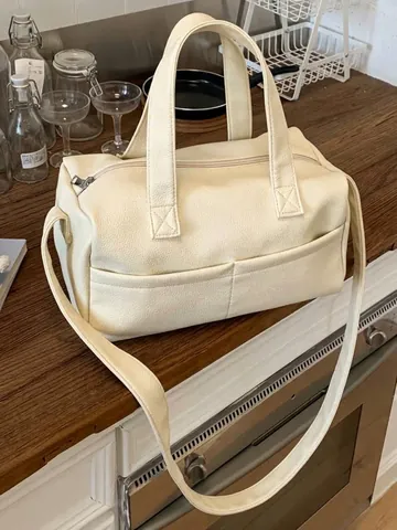 Women Large Capacity PU Leather Pillow Bag Minimalist Lychee Grain Boston Shoulder Bag Wide Strap Crossbody Tote Bag Daily