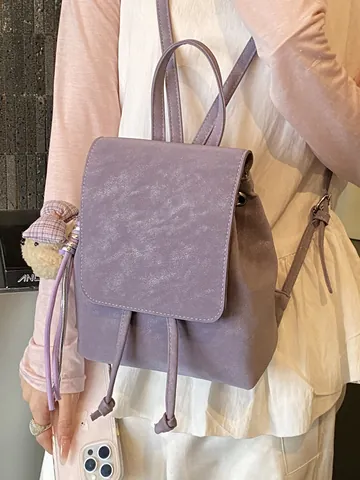 Mini Mochila Urbana Minimalista para Mujer Cuero PU Moda Viaje Escuela Bolso Con Colgante de Oso Solapa con Cordón Mochila