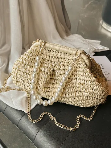 Vintage Straw Woven Shell Crossbody Bag For Women French Style Pleated Clutch With Pearl Marble Bead Handle Chain Strap Beach Vacation
