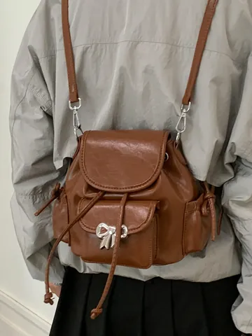 Sweet Girlish PU Leather Backpack Trendy Metal Bowknot Large Capacity Flap Drawstring Rucksack For Women Travel School Bag