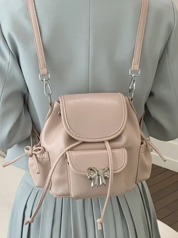 Sweet Girlish PU Leather Backpack Trendy Metal Bowknot Large Capacity Flap Drawstring Rucksack For Women Travel School Bag