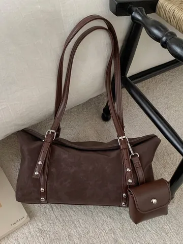 Sofisticata Borsa Boston in Pelle PU Donna Borsa a Tracolla Trendy con Borchie Con Mini Pochette Rimovibile Retro Pillow Bag