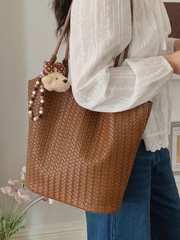 Dames Gevlochten Tote Bag Grote Capaciteit Vintage PU Leer Schoudertas Casual Mode Woon-werkverkeer Handtas Elegante Werktas