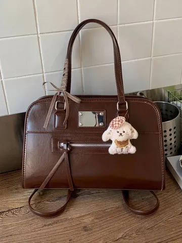 Vintage Women Backpack Fashion PU Leather Tote Bag Large Capacity School Bookbag With Pendant Commuter Shoulder Bag Handbag