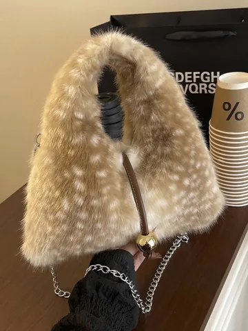 Petit Sac à Main en Peluche pour Femmes Luxe Léger en Fausse Fourrure Sac Bandoulière Automne Hiver Imprimé Animal Chaîne avec Boule en Métal