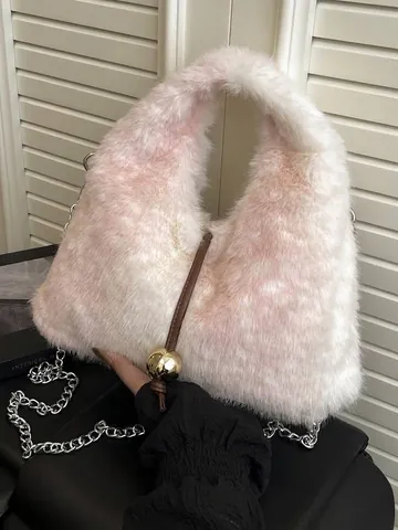 Petit Sac à Main en Peluche pour Femmes Luxe Léger en Fausse Fourrure Sac Bandoulière Automne Hiver Imprimé Animal Chaîne avec Boule en Métal