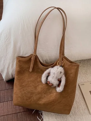 Borsa Tote da Donna Retro di Grande Capacità Borsa a Tracolla in Pelle PU Semplice Borsa a Mano Minimalista Con Ciondolo Coniglio