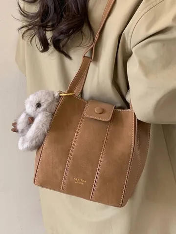 Women Retro PU Leather Bucket Bag Minimalist Contrast Stitching Shoulder Crossbody Bag Casual Spliced Handbag For Daily Use