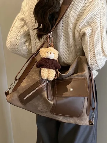 Borsa Tote in Pelle PU Vintage per Donna Grande Capacità Color-blocking Borsa Multifunzionale a Tracolla Zaino