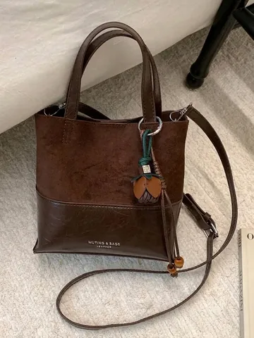 Women's Retro Suede PU Leather Stitching Tote Bag Stylish Contrast Color Crossbody Handbag With Pendant For Daily Autumn Winter
