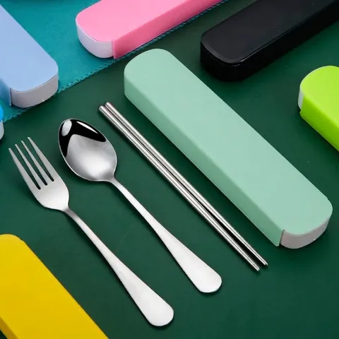 Portable Stainless Steel Cutlery Set With Wheat Straw Case Spoon Fork Chopsticks For Travel Picnic School Office Use