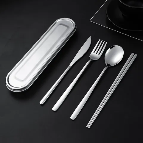 304 Stainless Steel Portable Cutlery Set With Mirror Polished Fork Spoon Knife Chopsticks And Storage Box For Travel Picnic Outdoor School Office Use