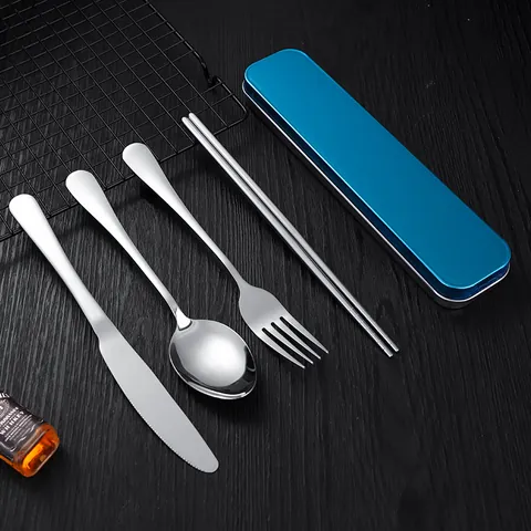 Portable Stainless Steel Cutlery Kit With Storage Case Mirror Polished Reusable Spoon Fork Knife Chopsticks For Travel Office