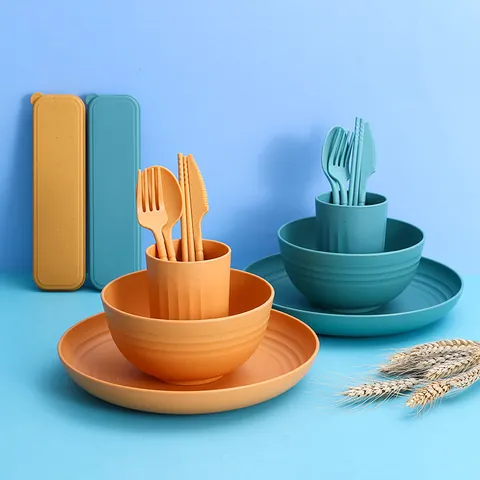 Eco Friendly Wheat Straw Dinnerware Unbreakable Lightweight Reusable Plates Bowls Cups Cutlery For Family Picnic Camping Outdoor Microwave Dishwasher Safe