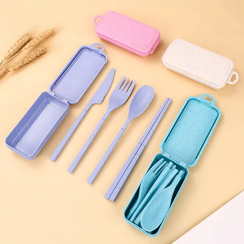 Portable Wheat Straw Folding Tableware Set Eco Friendly Dinnerware Fork Spoon Chopsticks Knife Set With Storage Box For Travel School Outdoor Picnic
