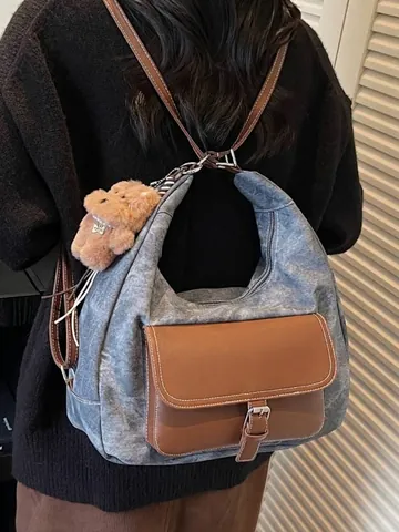Vintage Women Large Capacity PU Leather Backpack Multi-Functional Splicing Color Block Tote Shoulder Bag Travel Casual Backpack