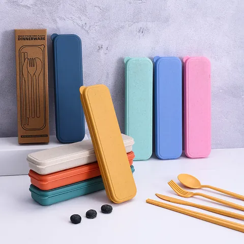 Portable Wheat Straw Cutlery Set Eco-Friendly Travel Utensils With Case Knife Fork Spoon Chopsticks For Camping Picnic Students