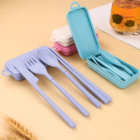 Portable Wheat Straw Folding Tableware Set Eco Friendly Dinnerware Fork Spoon Chopsticks Knife Set With Storage Box For Travel School Outdoor Picnic