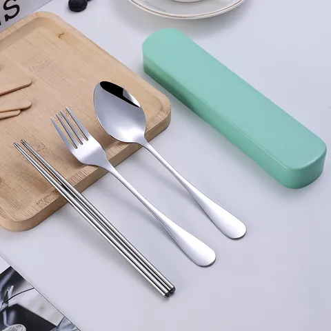 Portable Stainless Steel Cutlery Set With Wheat Straw Case Spoon Fork Chopsticks For Travel Picnic School Office Use