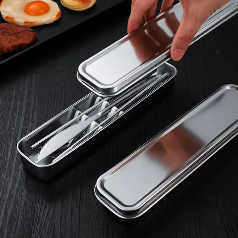 304 Stainless Steel Portable Flatware Set With Storage Box Mirror Polished Knife Fork Spoon Chopsticks Travel Utensils