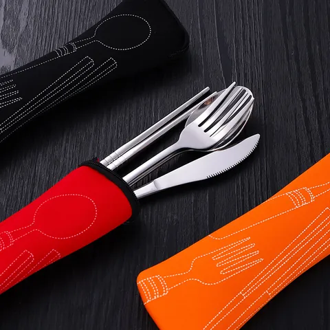 Portable Stainless Steel Flatware Set Mirror Polished Travel Outdoor Tableware With Pouch Fork Spoon Knife Chopsticks