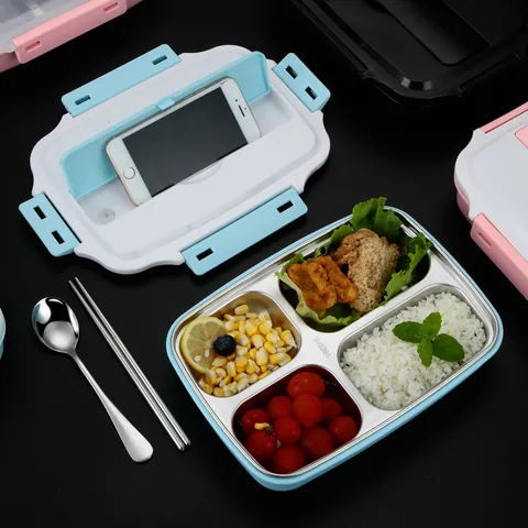 Divided 304 Stainless Steel Lunch Box With Cutlery Set Portable Thermal Bento Box For Student Office Picnic Leak Proof Food Container