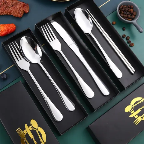 Stainless Steel Cutlery Set Portable Mirror Polished Spoon Fork Knife Chopsticks With Black Gift Box For Travel Picnic Home Kitchen Dining Tableware