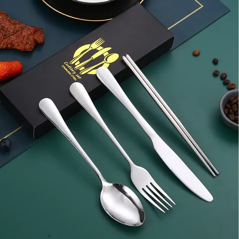 Stainless Steel Cutlery Set Portable Mirror Polished Spoon Fork Knife Chopsticks With Black Gift Box For Travel Picnic Home Kitchen Dining Tableware