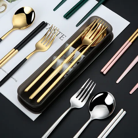 304 Stainless Steel Portable Cutlery Set Portuguese Style Spoon Fork Chopsticks Dinnerware Set With Case For Travel Office School