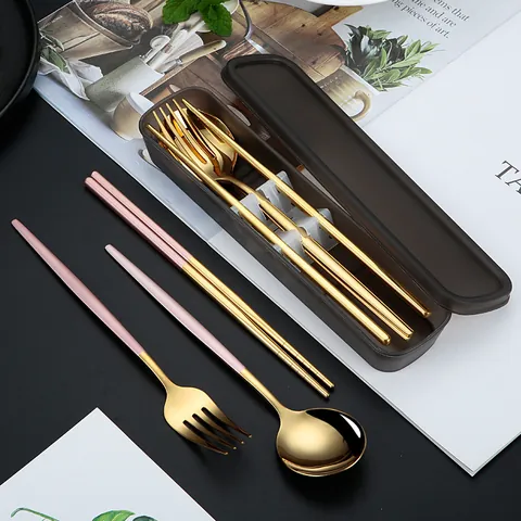 304 Stainless Steel Portable Cutlery Set Portuguese Style Spoon Fork Chopsticks Dinnerware Set With Case For Travel Office School
