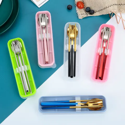Korean Style 304 Stainless Steel Portable Cutlery Set With Storage Box Mirror Polished Spoon Fork Chopsticks For Travel Picnic Office School