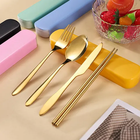 Stainless Steel Portable Travel Tableware Kit Pointed Tail Mirror Polished Cutlery Knife Fork Spoon Chopsticks Case Bag