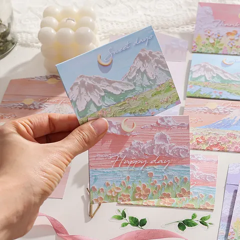 Tarjetas de Felicitación Creativas Estilo Pintura al Óleo Ilustración de Paisaje Romántico Postales de Mensaje Cumpleaños Festival Regalo Decoración DIY