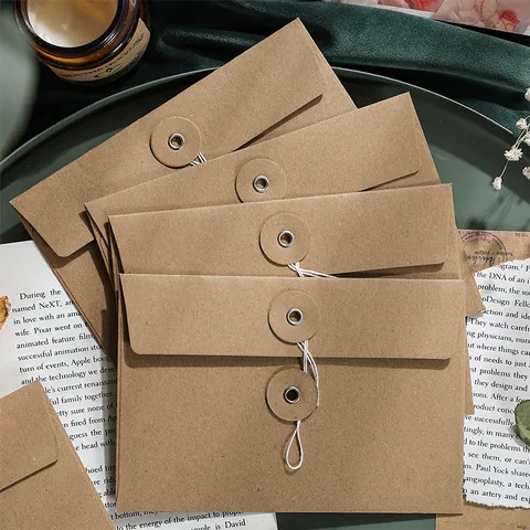 Vintage Kraft Paper String Tie Envelopes Thickened Cardboard Document Storage Bag Button Closure Packaging For Cards Receipts