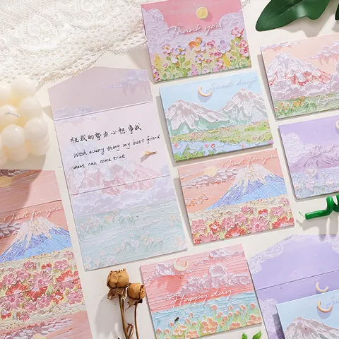 Tarjetas de Felicitación Creativas Estilo Pintura al Óleo Ilustración de Paisaje Romántico Postales de Mensaje Cumpleaños Festival Regalo Decoración DIY