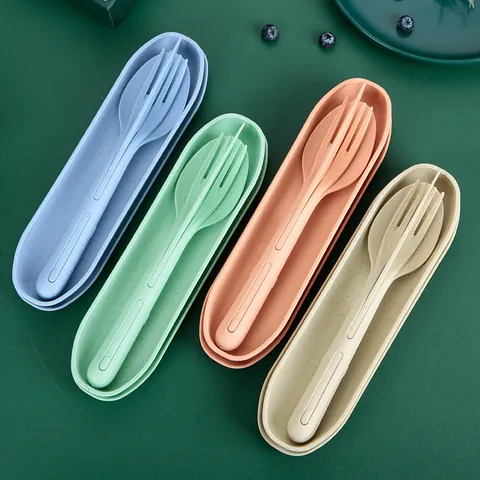 Colección de Cubiertos Portátiles de Paja de Trigo Reutilizable Ecológico Cuchara Tenedor Cuchillo Con Estuche Para Camping