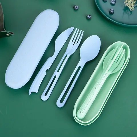 Colección de Cubiertos Portátiles de Paja de Trigo Reutilizable Ecológico Cuchara Tenedor Cuchillo Con Estuche Para Camping