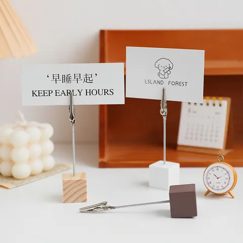 Vintage Wooden Base Memo Clip Creative Square Photo Card Holder Cute Standing Alligator Clip For Desktop Decoration Office