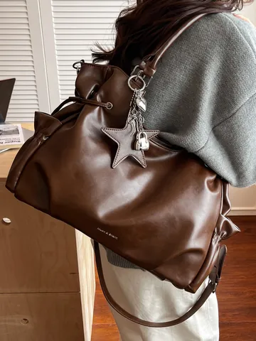 Retro Large Capacity PU Leather Tote Bag For Women Pleated Solid Color Shoulder Bag With Metal Pendant Office Daily Commuting Casual Handbag