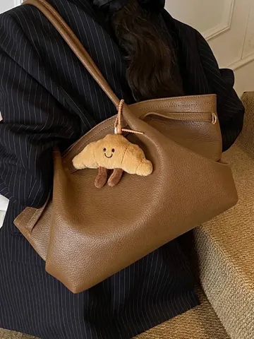 Borsa Tote Donna in Pelle PU Grande Capacità Minimalista con Trama Litchi Borsa a Tracolla con Ciondolo a Forma di Croissant Urban Simple