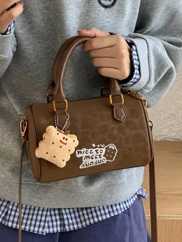 Women's Retro PU Boston Handbag Leopard Print Embroidered Crossbody Bag With Plush Biscuit Pendant Minimalist Commuter Bag