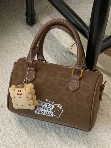 Women's Retro PU Boston Handbag Leopard Print Embroidered Crossbody Bag With Plush Biscuit Pendant Minimalist Commuter Bag