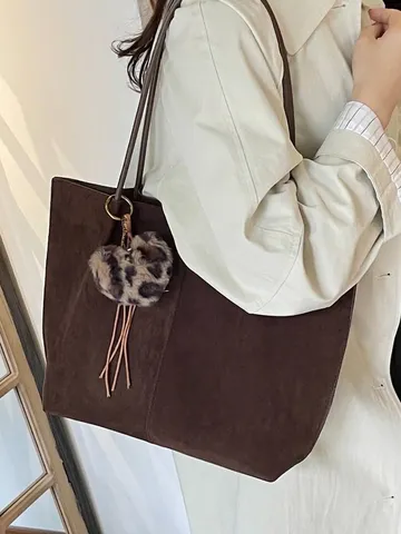 Γυναικεία Τσάντα Tote από Καστόρι Μεγάλης Χωρητικότητας Vintage Μινιμαλιστική Τσάντα Ώμου Μονόχρωμη Τσάντα Χειρός Με Κρεμαστό Λεοπάρ