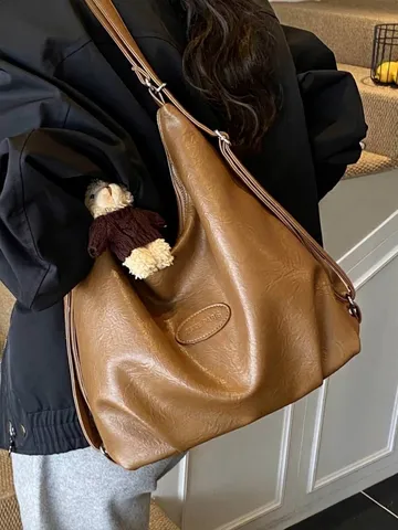 Borsa Tote da Donna Multifunzionale Vintage Grande Capacità in Pelle PU Tinta Unita Borsa a Tracolla Zaino Quotidiano Con Ciondolo a Orsetto