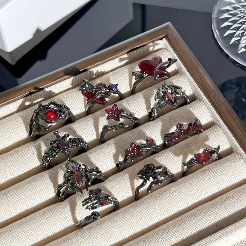 Gothic Schwarz Kupfer Offener Ring Für Damen Herren Halloween Punk Verstellbarer Schmuck Herz Fledermaus Kreuz Dorn Blume Strass Ring